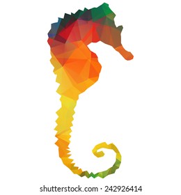 Colorful triangle seahorse, Hippocampus antiquorum. Vector illustration on white background, triangular geometric style.