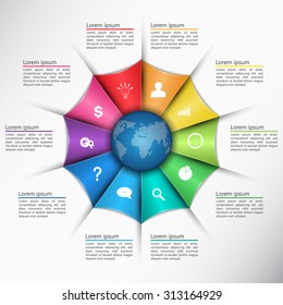 Colorful Triangle with World Globe  on White Paper Texture Background, 10 Options, Financial and Business Infographic, Business Icon and Text Information Design. Vector Illustration.