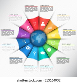 Colorful Triangle with World Globe  on White Paper Texture Background, 12 Options, Financial and Business Infographic, Business Icon and Text Information Design. Vector Illustration.