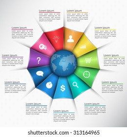Farbiges Dreieck mit World Globe auf weißem Texturhintergrund, 11 Optionen, Finanz- und Business Infografik, Business Icon und Text Information Design. Vektorgrafik.