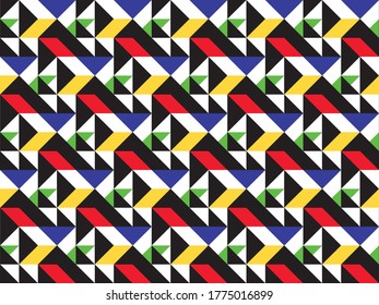 Farbige Dreiecke und schwarze Formen in einem zufälligen, sich wiederholenden Mosaik-Muster, geometrische Vektorgrafik