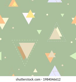 Colorful triangles of different size, dashed and round shapes on a light and calm green background. Seamless geometry scandinavian pattern. Suitable for packaging ,textile, wallpaper.