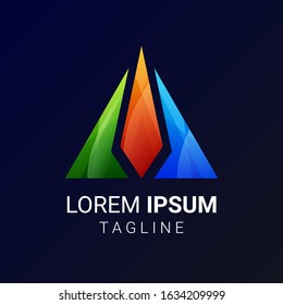 Colorful triangles icons and logo on blue background, vector illustration