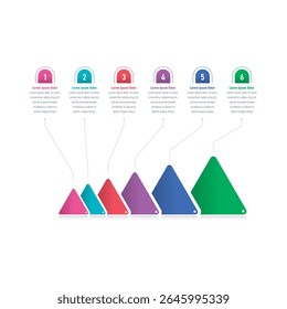 template infographique triangles colorés. template d'informations en six étapes. infographie template pour le monde des affaires, de l'éducation, de l'industrie, de la technologie. template d'information pour le rapport annuel, magazine