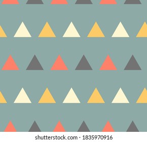 Triángulos coloridos sobre fondo azul, patrón vectorial sin fisuras.