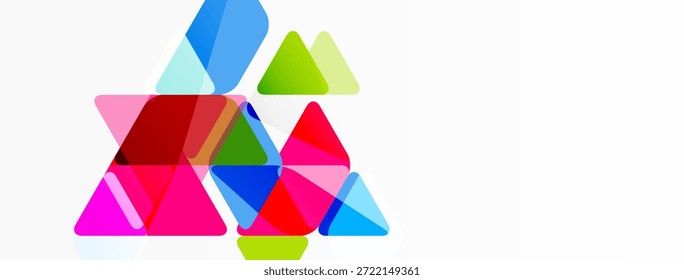 Los triángulos coloridos se superponen, creando una composición geométrica abstracta. Los tonos brillantes contrastan con el fondo blanco. Elemento de diseño moderno.