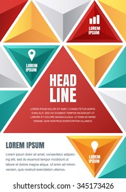  Colorful triangles pattern. Business infographics template with flat icons and place for text. Multicolor geometric material background. 