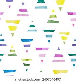 Colorful triangles pattern. Seamless geometric background with striped watercolor triangle shapes