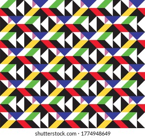 Colorful triangles and shapes in a random bright repeating mosaic pattern, geometric vector illustration