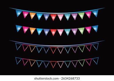 Colorful Triangular Bunting Garlands on a Black Background.