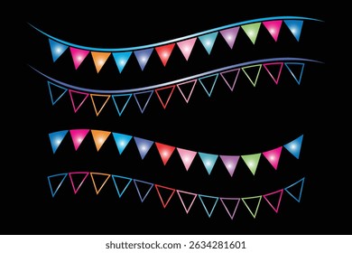 Colorful Triangular Bunting Garlands on a Black Background.