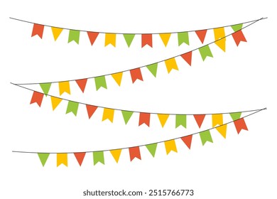 Colorful triangular flag decoration with rope. Flags for festive celebration events. Vector illustration