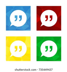 Colorful triangular low poly button in square shape with flat icon representing speech bubbles with quotes (talk, dialog, chat, opinion, contact, conversation, forum, message, ...)