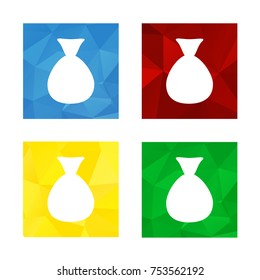 Colorful triangular low poly button in square shape with flat icon representing money bag
