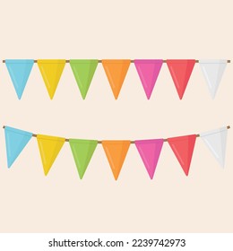 Colorful triangular party flags with taut and wavy ropes vector flat illustration.