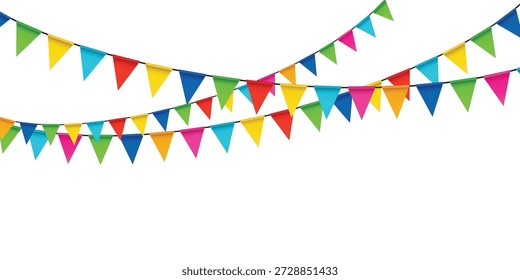 A colorful triangular pennant banner with various bright hues like pink, blue, green, yellow, and orange, hanging in a festive arrangement, isolated on white background