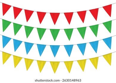 Bandeiras triangulares coloridas em um arranjo festivo. Perfeito para festas, eventos infantis, sites ou decorações impressas.