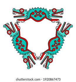 Colorful triangular shaped crocodile ornament, in Aztec style. Turquoise, red and black colored triangle, made of crocodile body halves, open mouths, and precious gems on bodies. Illustration. Vector