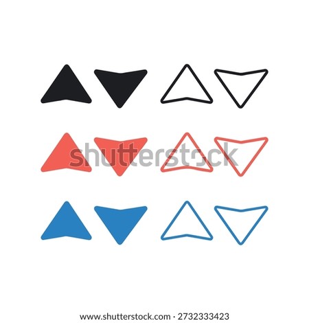 Colorful triangular shapes in black red and blue with solid and outlined designs arranged neatly on a clean white background