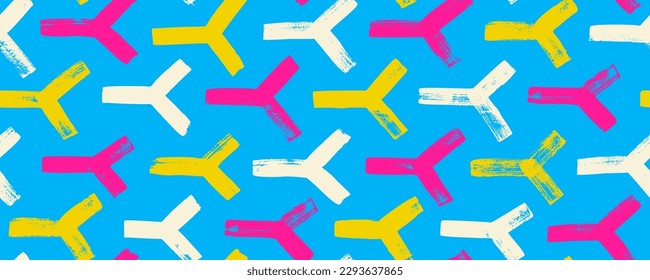 Colorful triangular shapes seamless pattern. Psychedelic retro bright color banner. Modern stylish repeating weave texture. Bold brush strokes, abstract geometric vector triangles. Modern wallpaper.