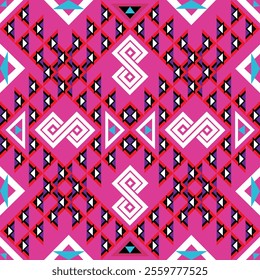 Colorful tribal design with geometric symmetry, featuring bold pink, red, white, and black elements ideal for textiles, wallpapers, and digital designs.