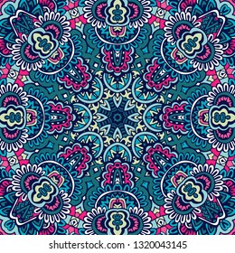 Colorful Tribal Ethnic Festive Abstract Floral Vector Pattern. Geometric zen art mandala frame border