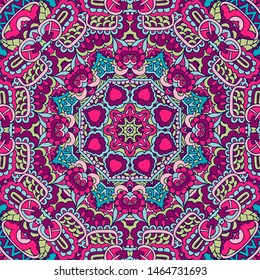 Colorful Tribal Ethnic Festive Abstract seamless Floral Vector Pattern. Geometric zentangle inspirated mandala frame border