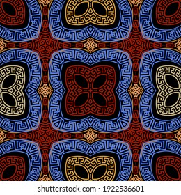 Colorful tribal ethnic seamless pattern. Vector floral greek background. Geometric greek key, meanders ornament with abstract flowers, shapes, frames, squares, lines. Ornate repeat symmetrical design.