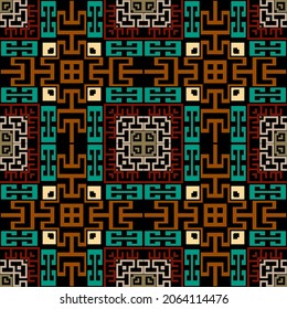 Colorful tribal ethnic seamless pattern. Vector plaid tartan background. Greek key, meanders. Square frames, borders, symbols, shapes, mazes. Abstract geometric traditional ornaments. Endless texture.