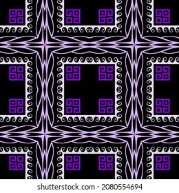 Colorful tribal ethnic seamless pattern. Vector plaid tartan background. Greek key, meanders. Square frames, borders, symbols, lines, shapes. Abstract geometric traditional ornaments. Endless texture.