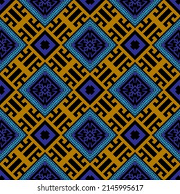Colorful tribal ethnic seamless pattern. Greek ornamental rhombus background. Repeat backdrop. Geometric rhombus ornaments. Modern symmetrical abstract design. Endless texture. Vector. Rhombus frames.