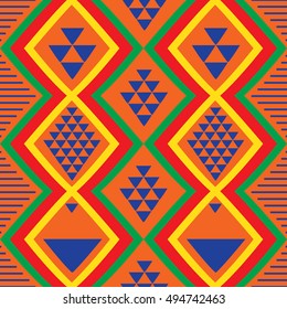 Colorful tribal ethnic seamless pattern on the orange background. Good for design of background, wallpaper, banner, ad, poster, websites. Vector.