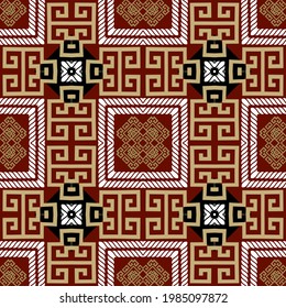 Colorful tribal ethnic style seamless pattern. Square frames. Vector elegant background. Greek key, meanders. Square shapes, ropes, symbols, lines, rhombus. Abstract geometric traditional ornament.