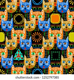 Colorful tribal ethnic style vector Cats seamless pattern. Geometric ornamental african background. Doodle  patterned abstract cats, geometry shapes, lines, waves, sun. Circles, rhombus, squares.
