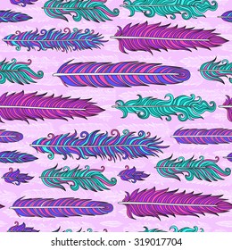 Colorful tribal feather pattern background. Boho seamless texture.