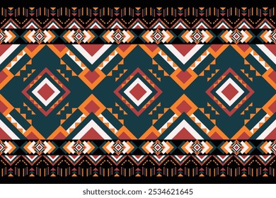 Colorful tribal geometric pattern featuring repeating diamond shapes, triangles, and intricate details in red, orange, and dark green hues