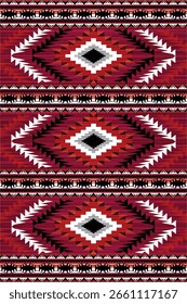 Patrón geométrico tribal colorido inspirado en diseños textiles nativos americanos. Motivos repetitivos de diamantes en tonos rojos, negros, blancos y naranjas con llamativos Elementos en zigzag y triangulares.
