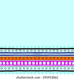 Colorful tribal geometric pattern on blue background. Card template with hand drawn pattern. Vector illustration eps8