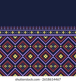 Colorful tribal geometric pattern in red, yellow, and violet on navy background. Ideal for modern fashion design, digital textile printing, and ethnic-inspired clothing.
