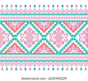 Colorful tribal geometric pixel pattern – pink and teal ethnic textile design