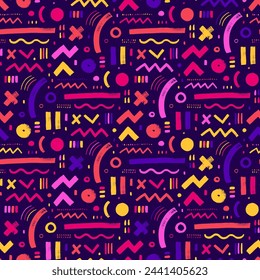 Colorido patrón geométrico sin fisuras tribales con varias formas audaces y delgadas. Fondo dibujado a mano infantil estilo memphis. Fondo de pantalla étnico creativo. Grunge en zigzag y pinceladas rectas.