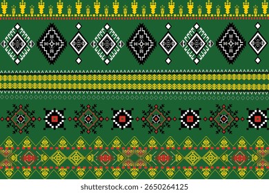 colorful tribal geometric seamless pattern on green backgroud traditional ethnic textile Design inspired southeast asian motifs