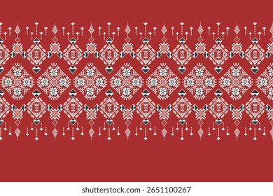 colorful tribal geometric seamless pattern on red background traditional ethnic textile design inspired by southeast asian motifs