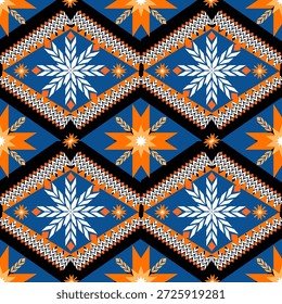 "Farbiges geometrisches, nahtloses Stammesmuster mit ethnischen Sternen, Weizenähren und Diamantformen auf schwarzem Hintergrund. Moderne amerikanische Vektorgrafik im nativen amerikanischen Stil für Textil-, Stoff- und Tapetendesign."