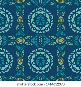 Colorful tribal mosaic seamless pattern, great for men's hawaiian shirts, surf wear, fashion, beach house decor and textiles. Shades of turquoise with olive green on a dark blue background. Vector.