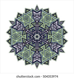 Colorful tribal pattern. Geometric ethnic ornament. Abstract mandala with green and grey elements