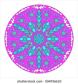 Colorful tribal pattern. Geometric ethnic ornament. Abstract mandala with green, blue and pink elements