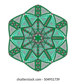 Colorful tribal pattern. Geometric ethnic ornament. Abstract mandala with green and orange elements