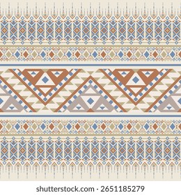 Colorful tribal pattern in soft blue and brown. Ethnic inspired stripes and triangle motifs in seamless vector layout.