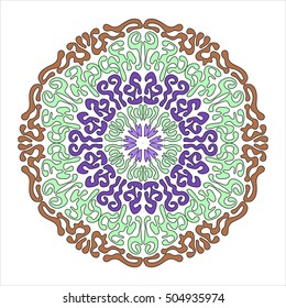 Colorful tribal pattern. Tangled ethnic ornament. Abstract hand drawn mandala with purple, green and brown curves